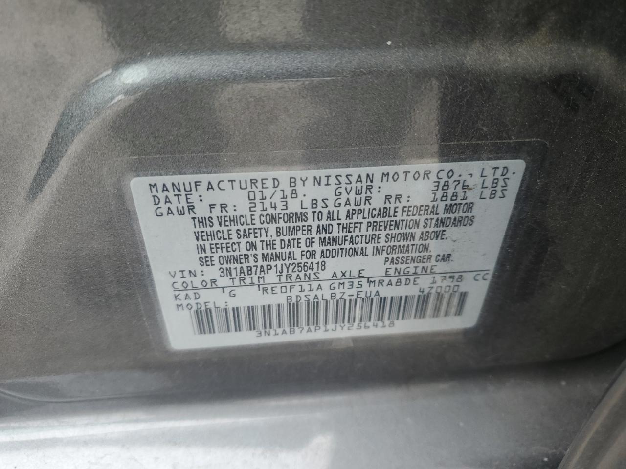 2018 Nissan Sentra VIN 3N1AB7AP1JY256418 Copart auction photo, rear end damage thumbnail 12