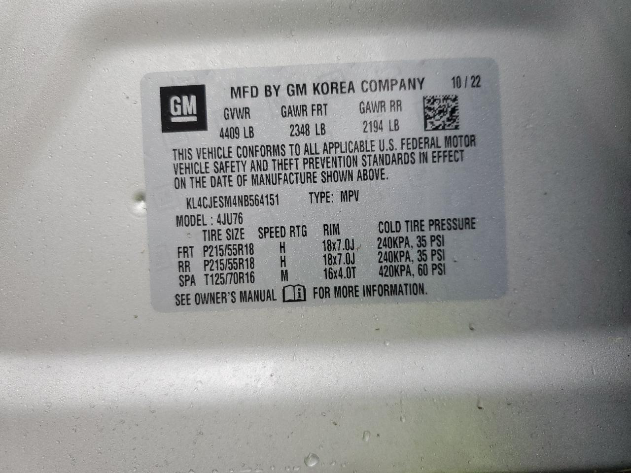 2022 Buick Encore VIN KL4CJESM4NB564151 Copart auction photo, front end / side damage thumbnail 12