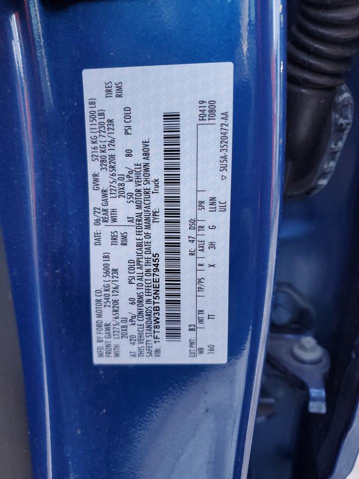 2022 Ford F350 VIN 1FT8W3BT5NEE79455 Copart auction photo, side damage thumbnail 12