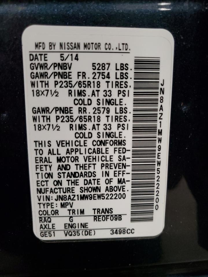 2014 Nissan Murano VIN JN8AZ1MW9EW522200 Copart auction photo, rear end / undercarriage damage thumbnail 13