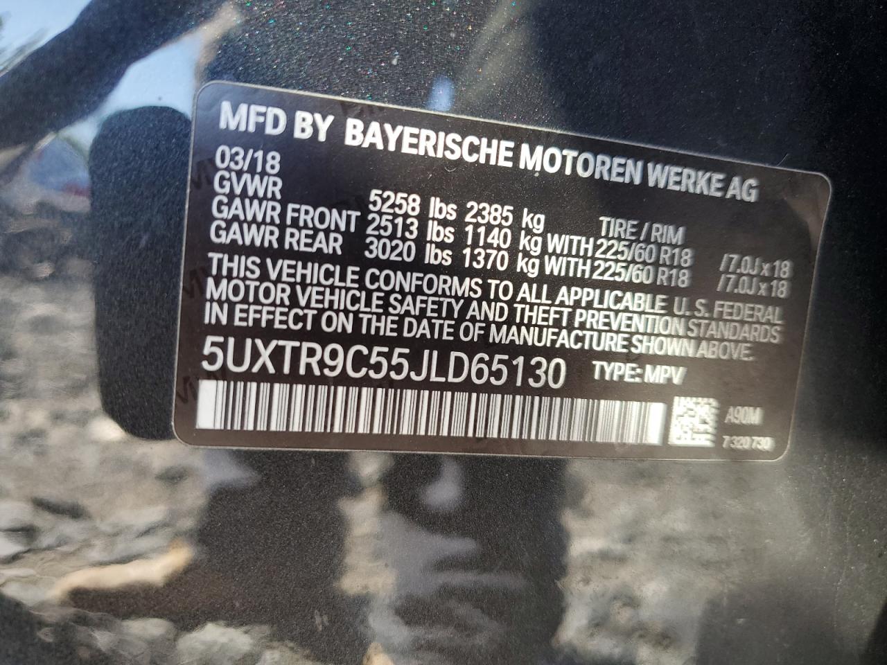 2018 BMW X3 VIN 5UXTR9C55JLD65130 Copart auction photo, rear end damage thumbnail 13