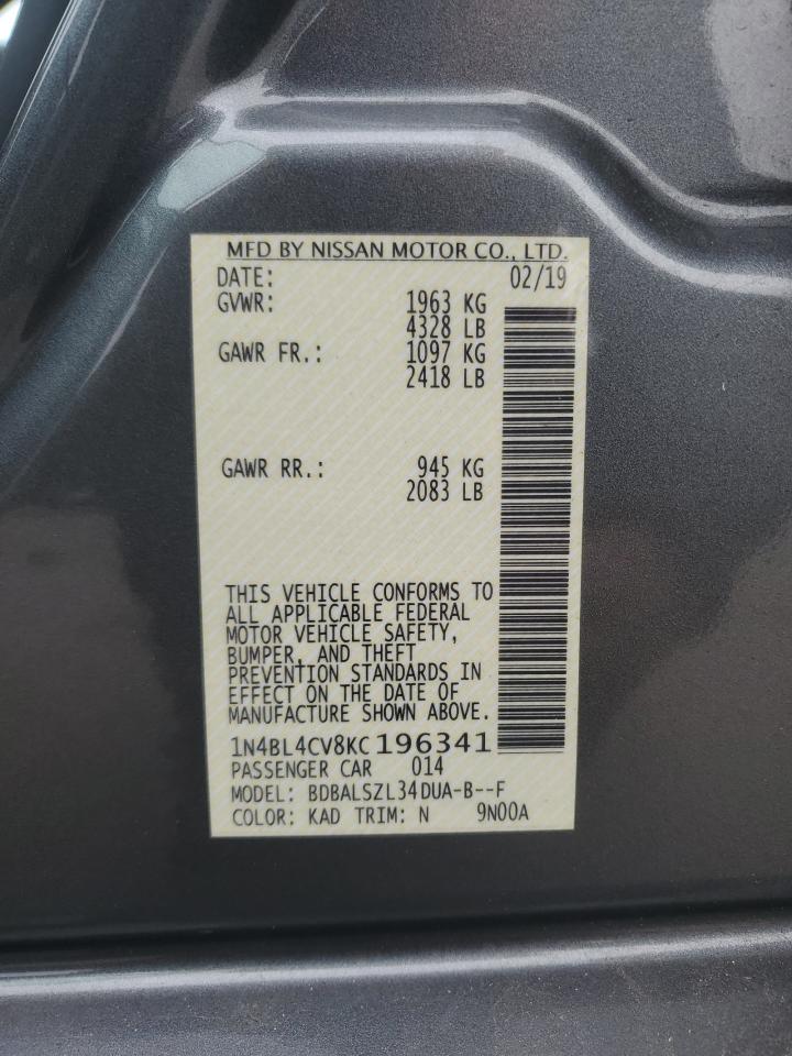 2019 Nissan Altima VIN 1N4BL4CV8KC196341 Copart auction photo, rear end / side damage thumbnail 12