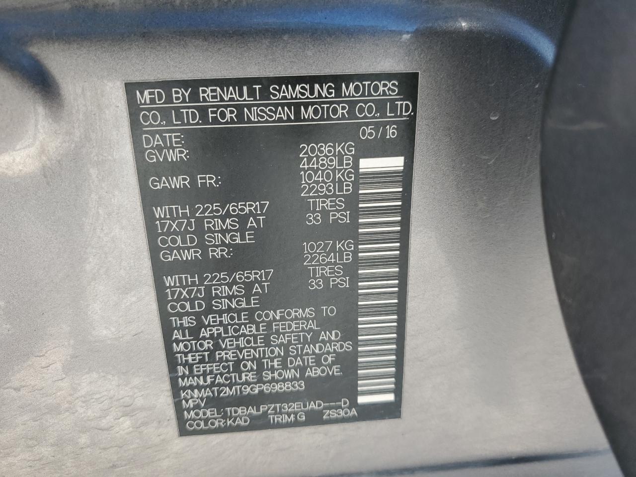 2016 Nissan Rogue VIN KNMAT2MT9GP698833 Copart auction photo, all over damage thumbnail 15
