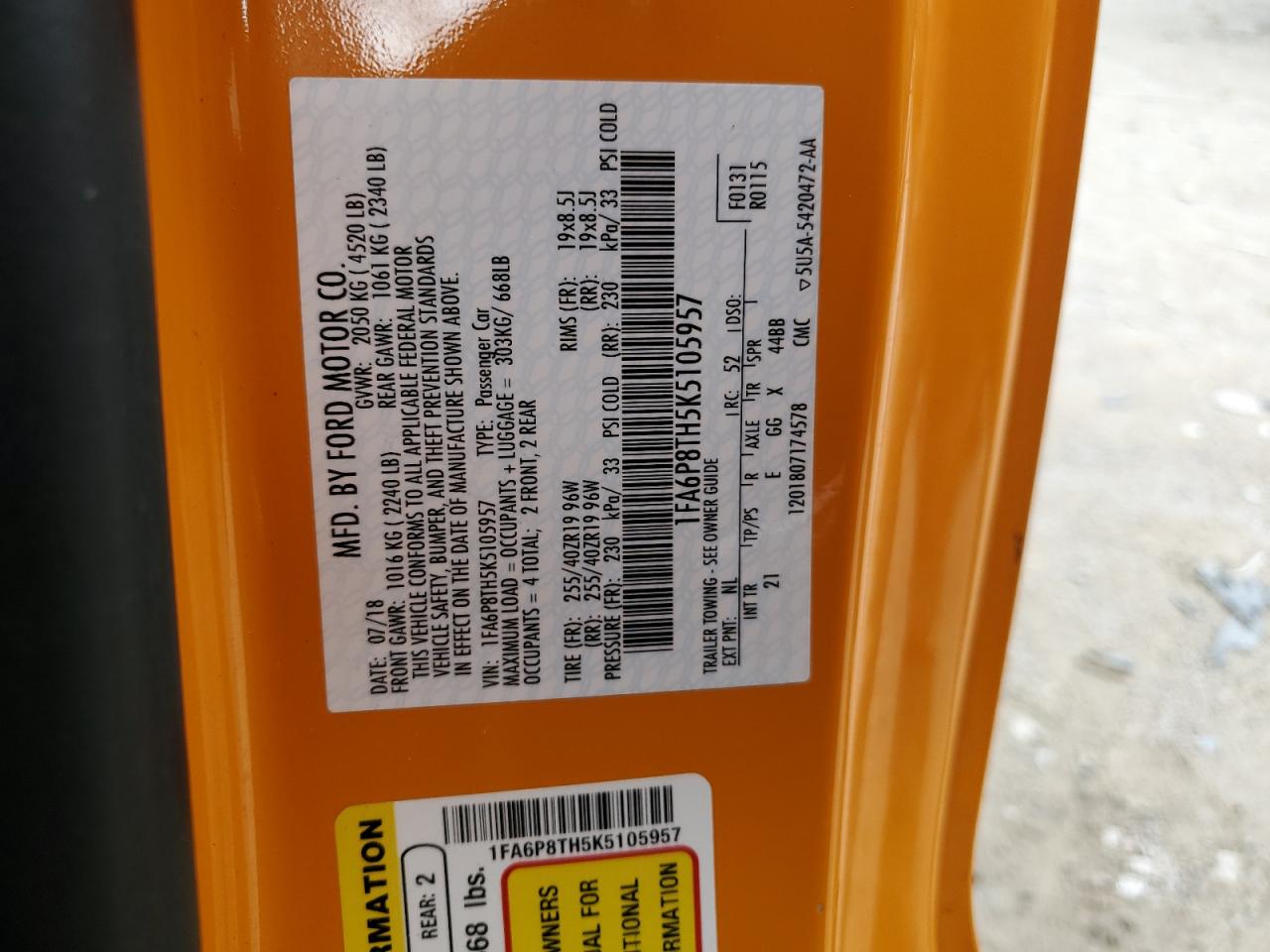 2019 Ford Mustang VIN 1FA6P8TH5K5105957 Copart auction photo, front end / minor dent/scratches damage thumbnail 14
