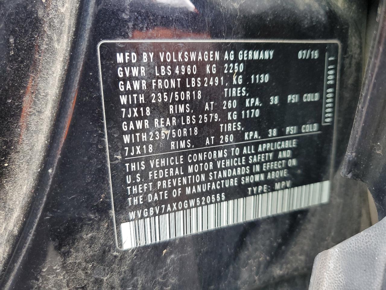 2016 Volkswagen Tiguan VIN WVGBV7AX0GW520555 Copart auction photo, mechanical damage thumbnail 12