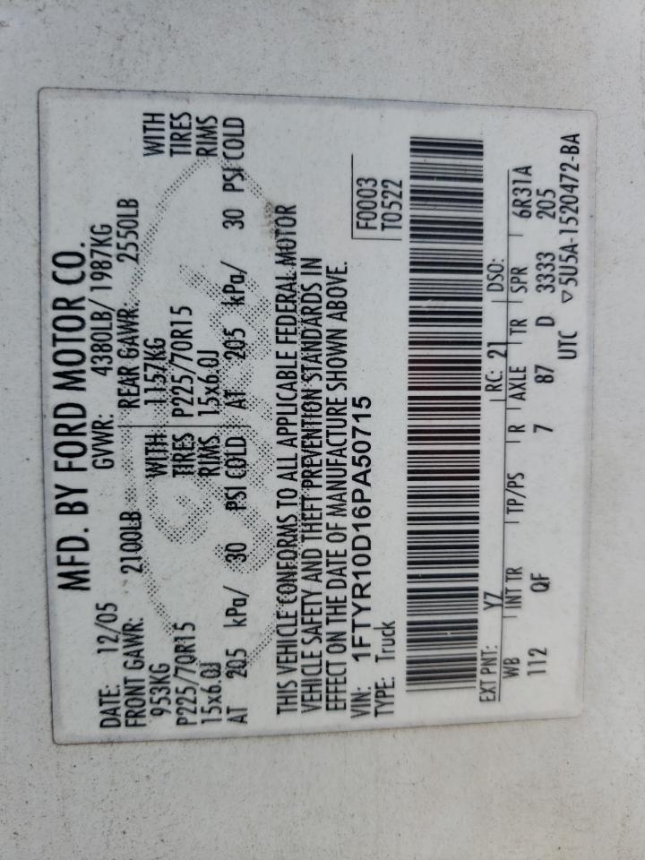 2006 Ford Ranger VIN 1FTYR10D16PA50715 Copart auction photo, mechanical damage thumbnail 12