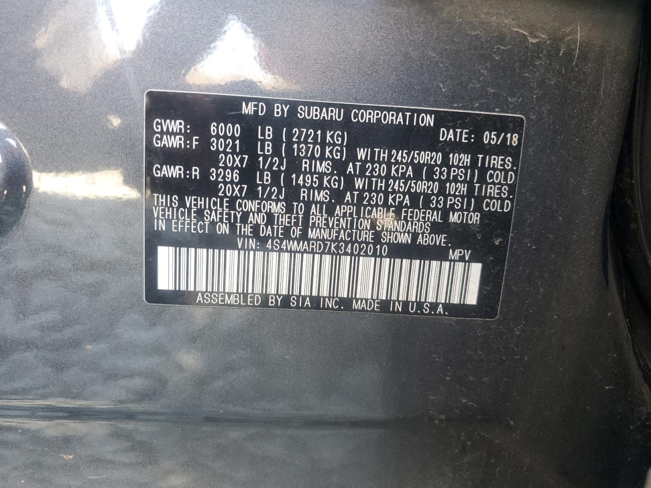 2019 Subaru Ascent VIN 4S4WMARD7K3402010 Copart auction photo, front end damage thumbnail 13