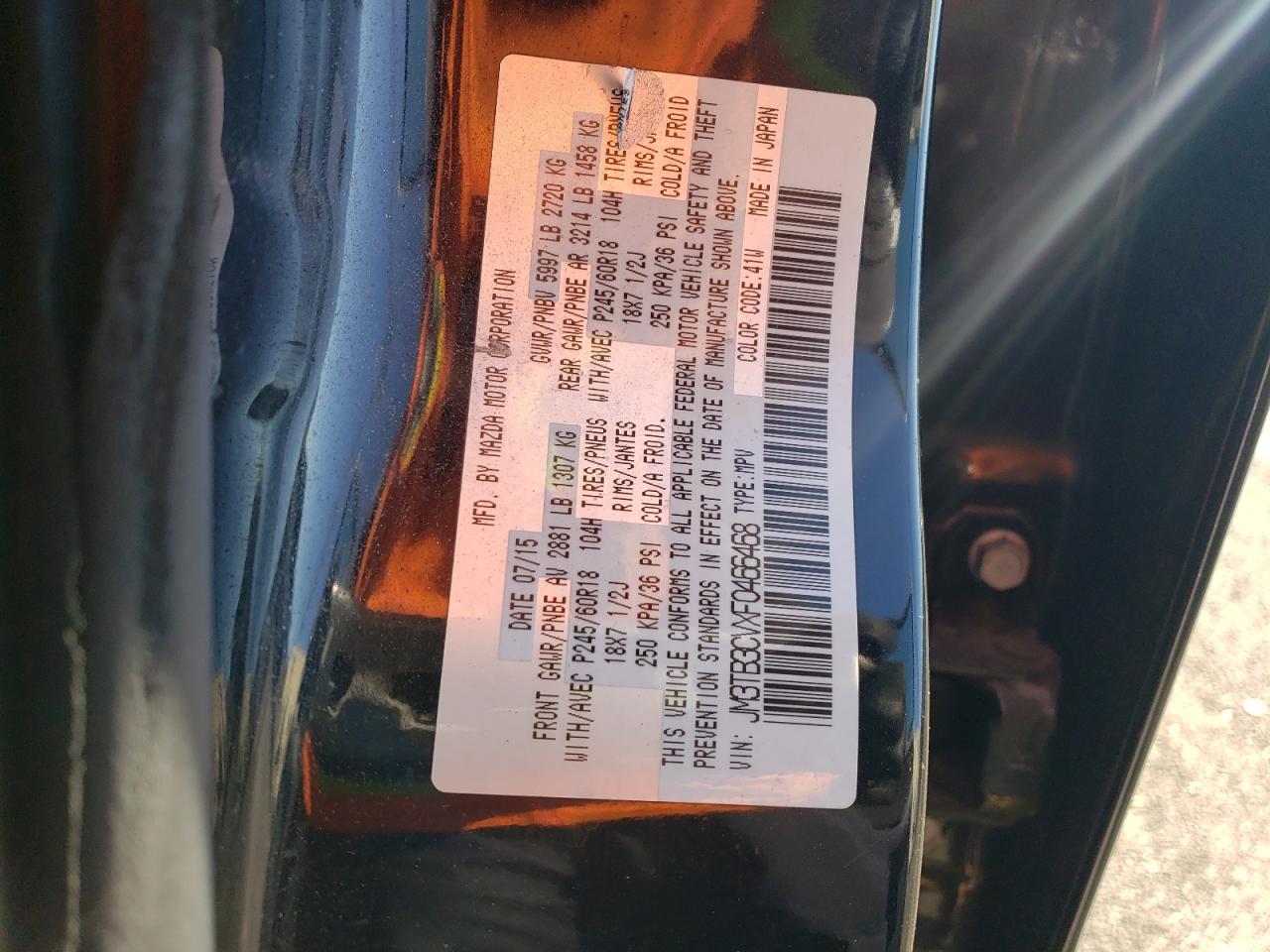 2015 Mazda CX-9 VIN JM3TB3CVXF0466468 Copart auction photo, front end damage thumbnail 13