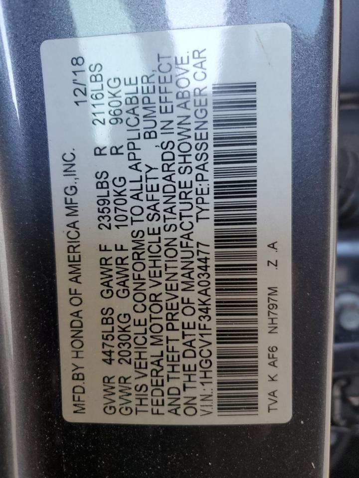 2019 Honda Accord VIN 1HGCV1F34KA034477 Copart auction photo, front end damage thumbnail 13