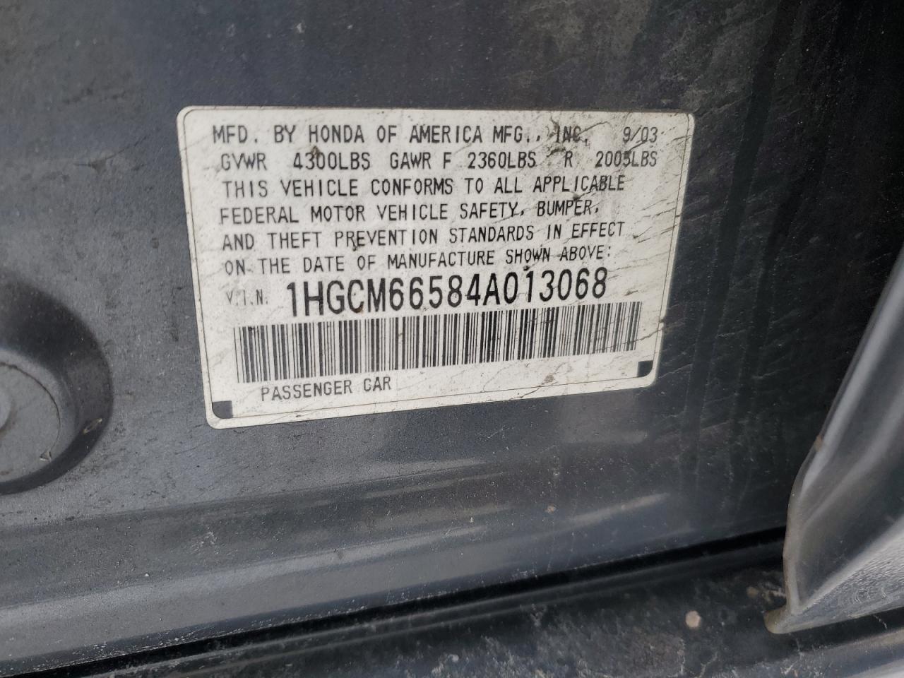 2004 Honda Accord VIN 1HGCM66584A013068 Copart auction photo, front end damage thumbnail 12