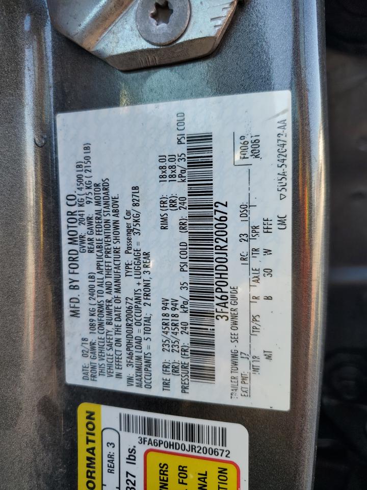 2018 Ford Fusion VIN 3FA6P0HD0JR200672 Copart auction photo, front end / minor dent/scratches damage thumbnail 12