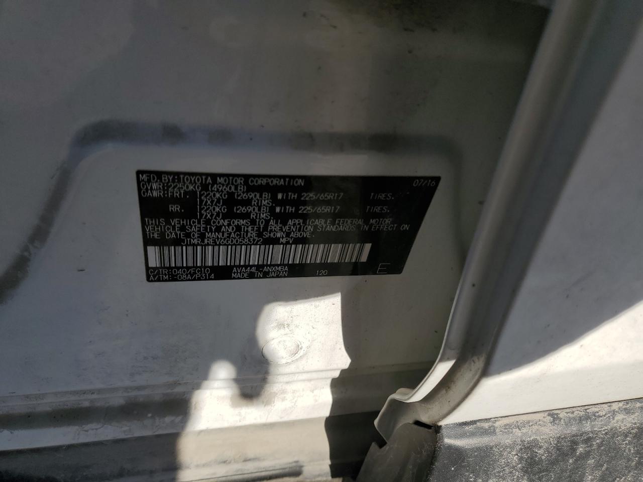 2016 Toyota RAV 4 VIN JTMRJREV6GD058372 Copart auction photo, front end damage thumbnail 15