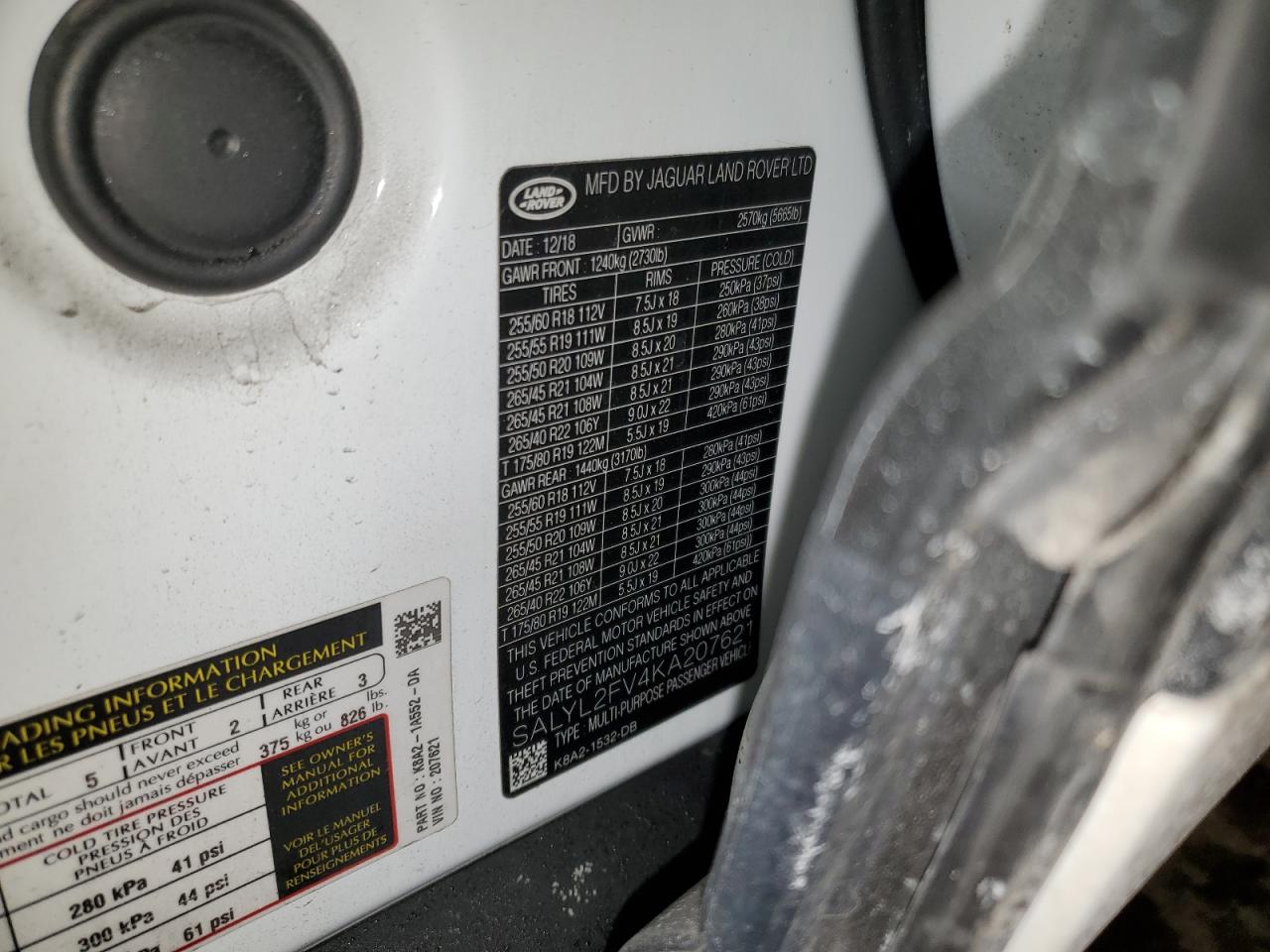 2019 Land Rover Range Rover VIN SALYL2FV4KA207621 Copart auction photo, front end / side damage thumbnail 13