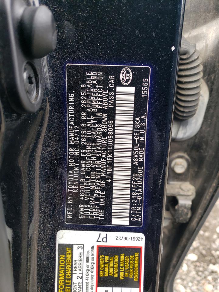 2012 Toyota Camry VIN 4T1BF1FK1CU098096 Copart auction photo, front end / minor dent/scratches damage thumbnail 14