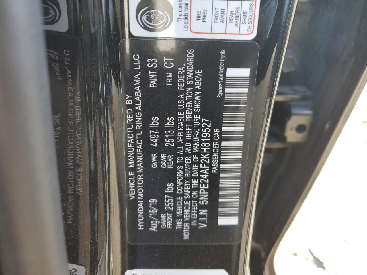 2019 Hyundai Sonata VIN 5NPE24AF2KH819527 Copart auction photo, all over / undercarriage damage thumbnail 14