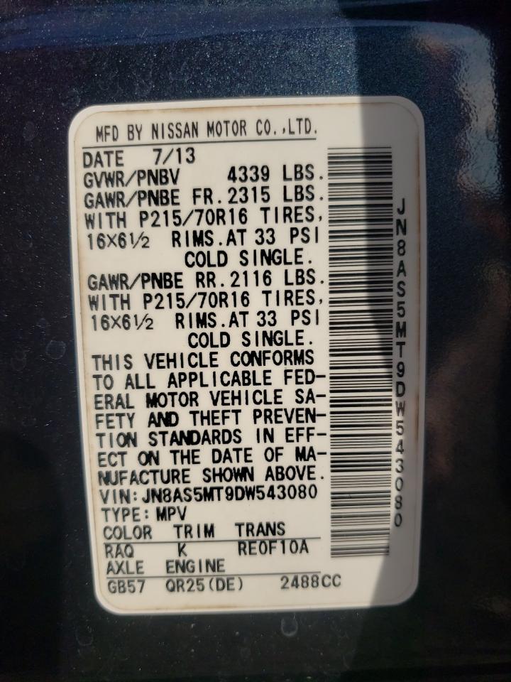 2013 Nissan Rogue VIN JN8AS5MT9DW543080 Copart auction photo, front end / side damage thumbnail 14