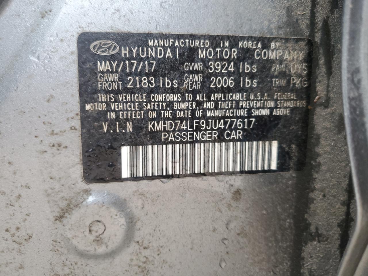 2018 Hyundai Elantra VIN KMHD74LF9JU477617 Copart auction photo, water/flood / front end damage thumbnail 13