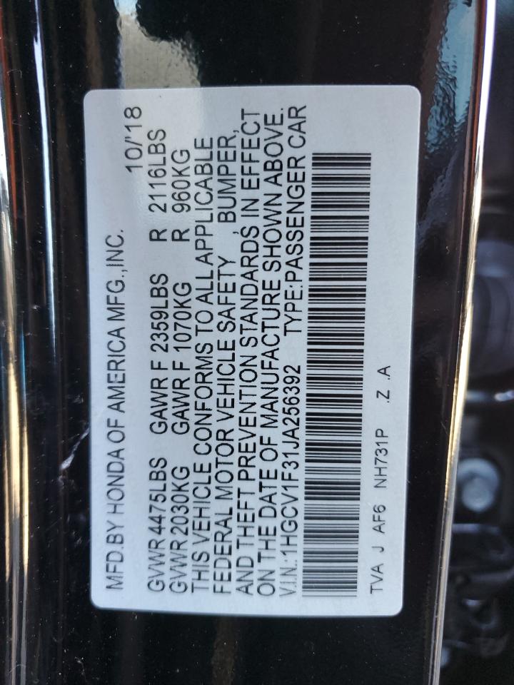 2018 Honda Accord VIN 1HGCV1F31JA256392 Copart auction photo, side / rear end damage thumbnail 12