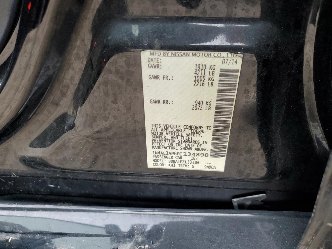 2015 Nissan Altima VIN 1N4AL3AP6FC134890 Copart auction photo, front end / side damage thumbnail 14