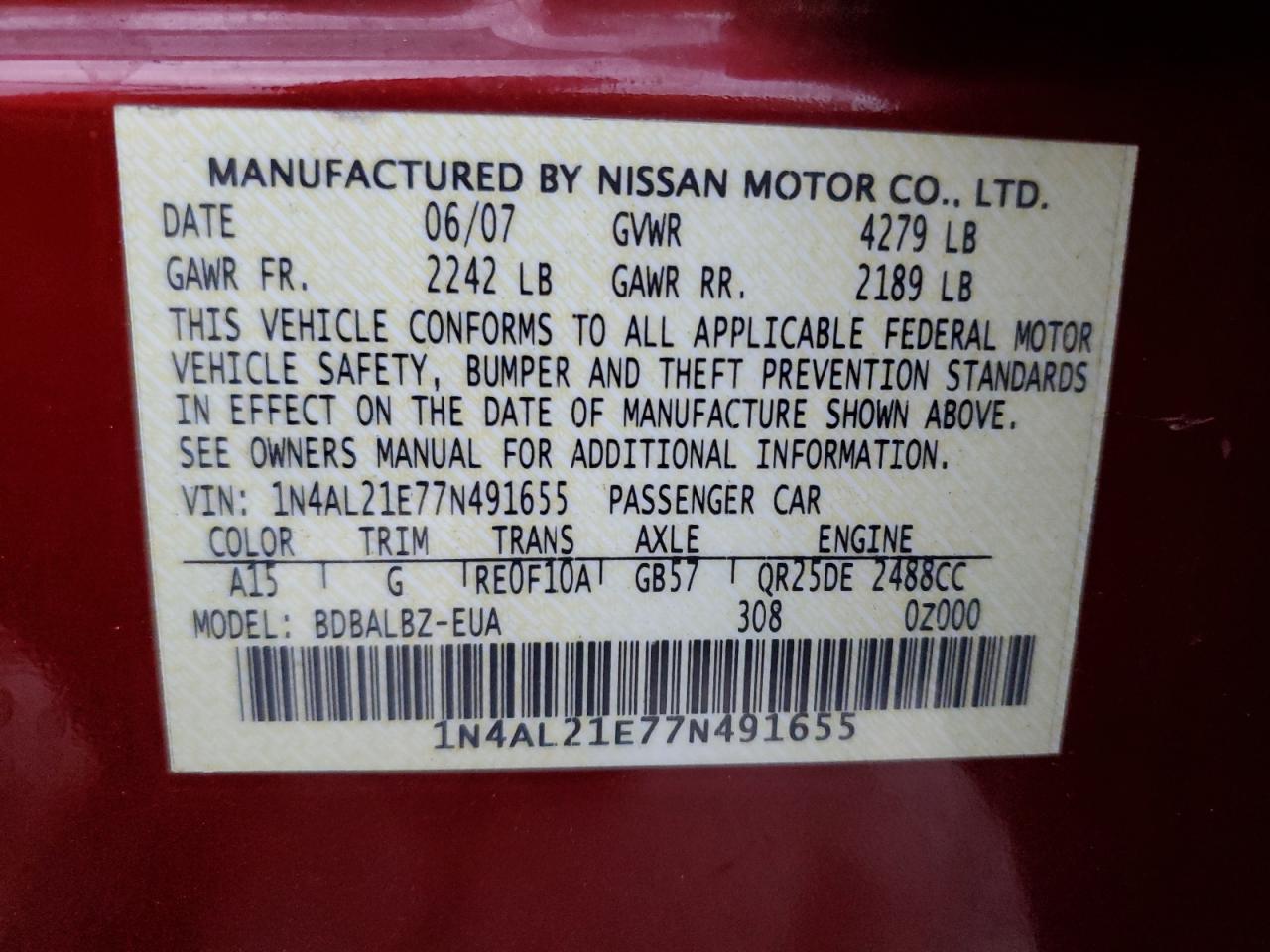 2007 Nissan Altima VIN 1N4AL21E77N491655 Copart auction photo, all over damage thumbnail 14
