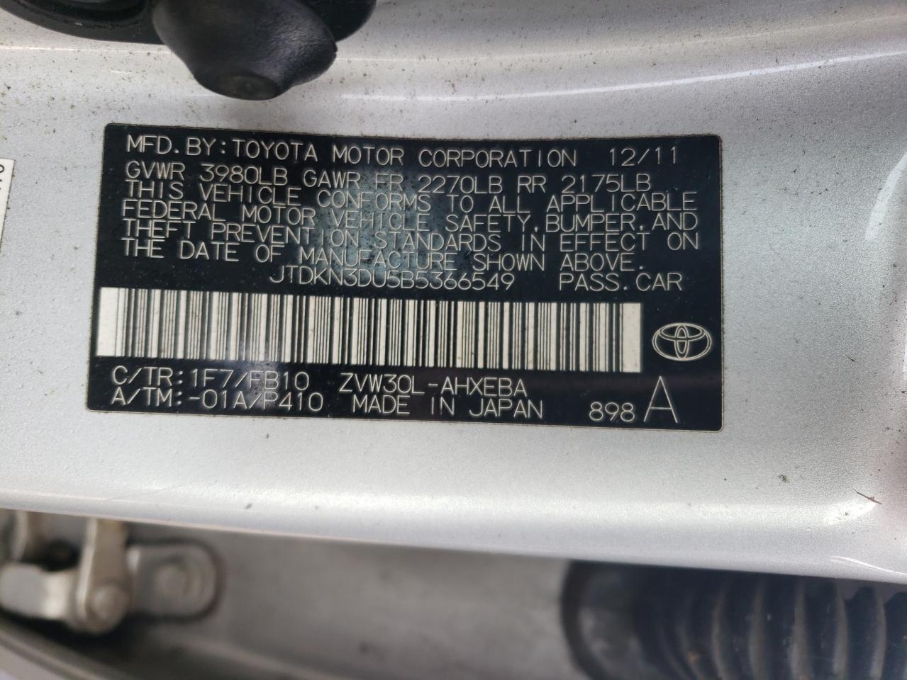 2011 Toyota Prius VIN JTDKN3DU5B5366549 Copart auction photo, mechanical damage thumbnail 12