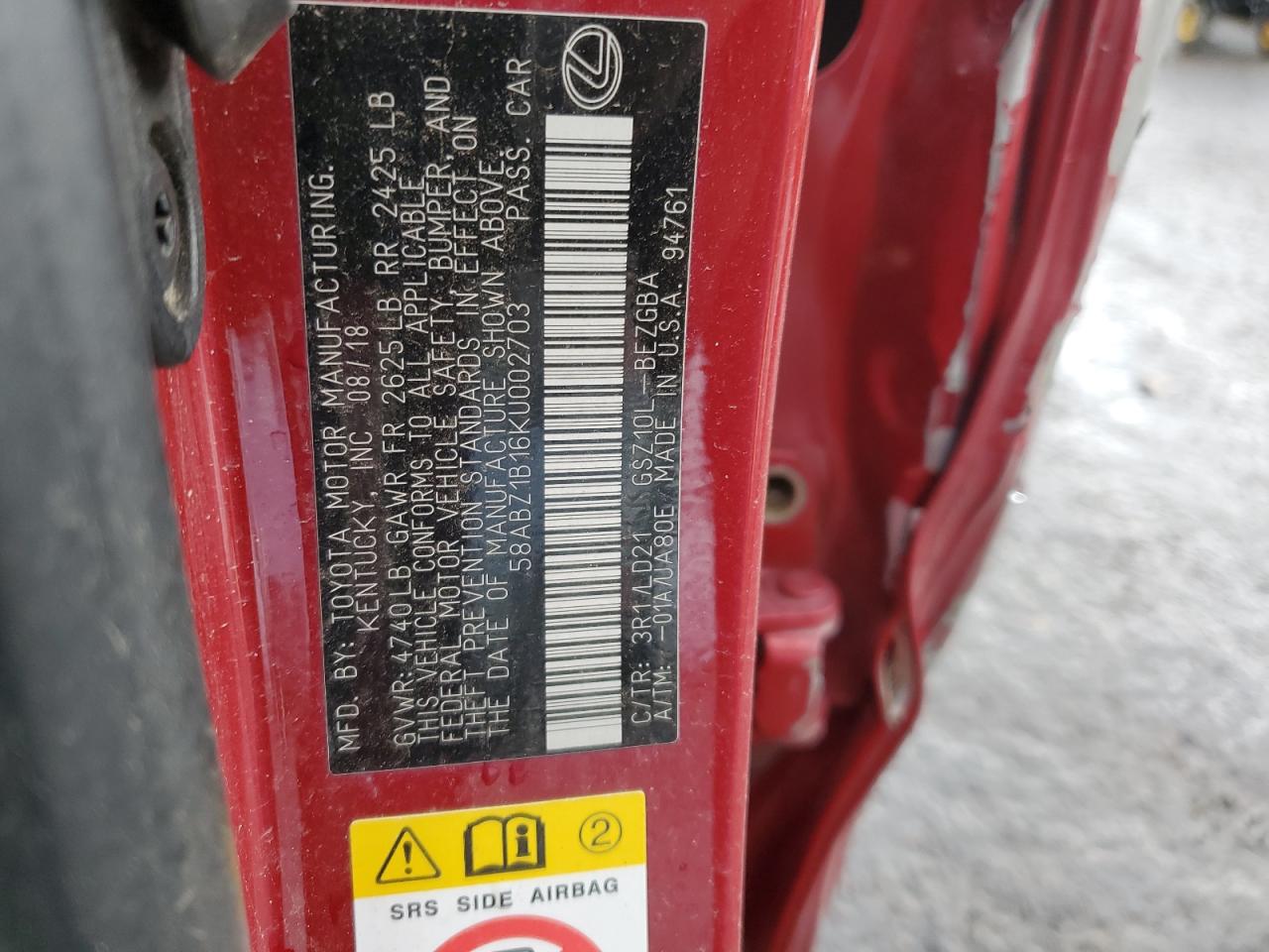 2019 Lexus ES VIN 58ABZ1B16KU002703 Copart auction photo, side / rejected repair damage thumbnail 13