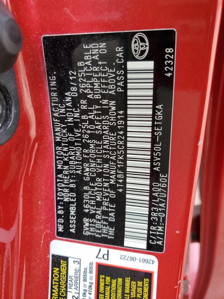 2012 Toyota Camry VIN 4T4BF1FK5CR241914 Copart auction photo, front end damage thumbnail 12