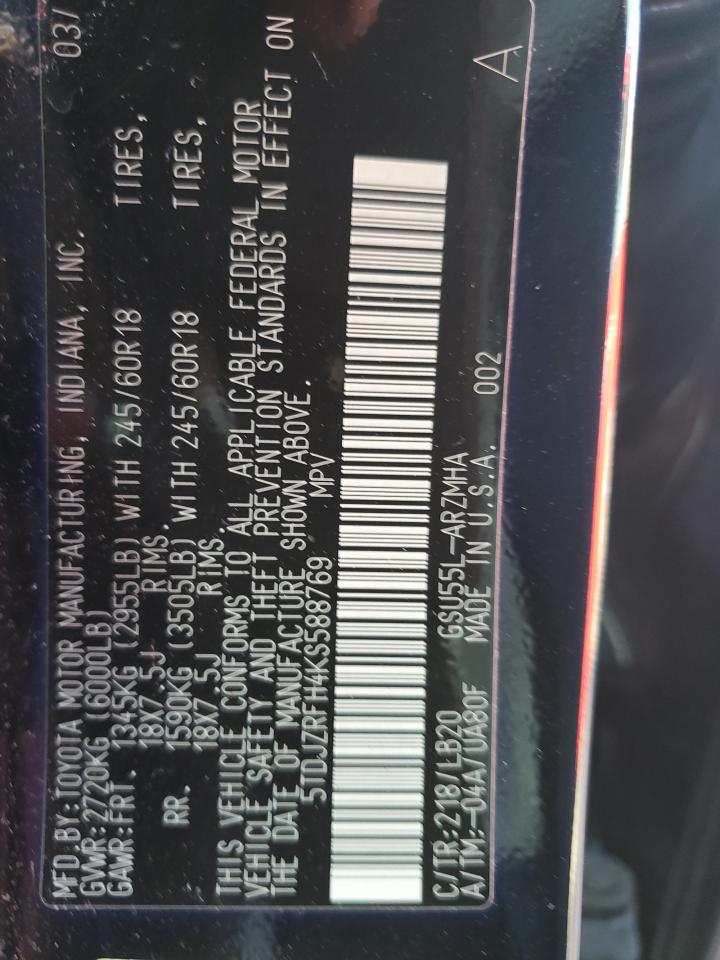 2019 Toyota Highlander VIN 5TDJZRFH4KS588769 Copart auction photo, front end damage thumbnail 15
