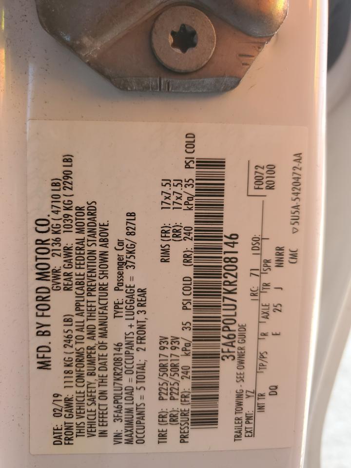 2019 Ford Fusion VIN 3FA6P0LU7KR208146 Copart auction photo, front end / rear end damage thumbnail 12