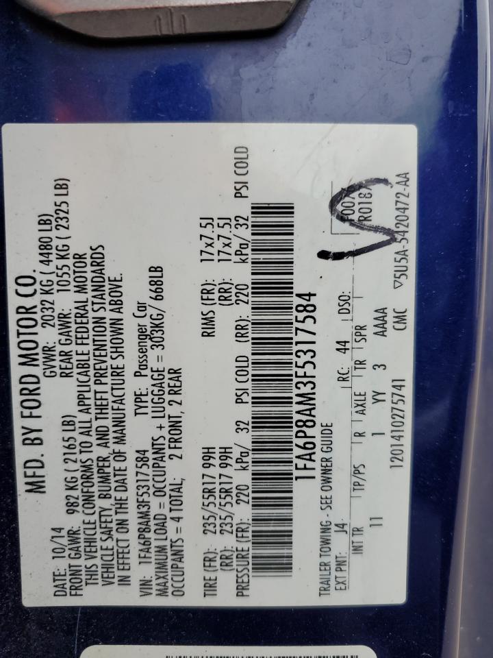 2015 Ford Mustang VIN 1FA6P8AM3F5317584 Copart auction photo, all over damage thumbnail 12