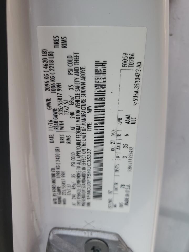 2017 Ford Escape VIN 1FMCU0F75HUC35337 Copart auction photo, front end / side damage thumbnail 13