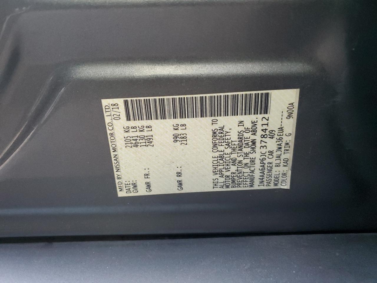 2018 Nissan Maxima VIN 1N4AA6AP6JC378412 Copart auction photo, rear end damage thumbnail 12