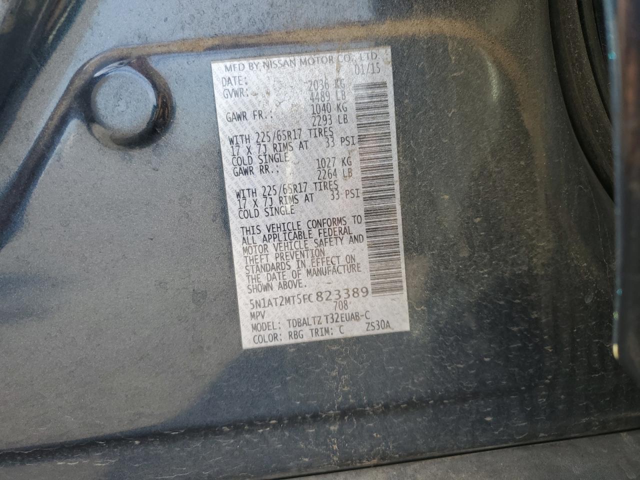 2015 Nissan Rogue VIN 5N1AT2MT5FC823389 Copart auction photo, front end damage thumbnail 15