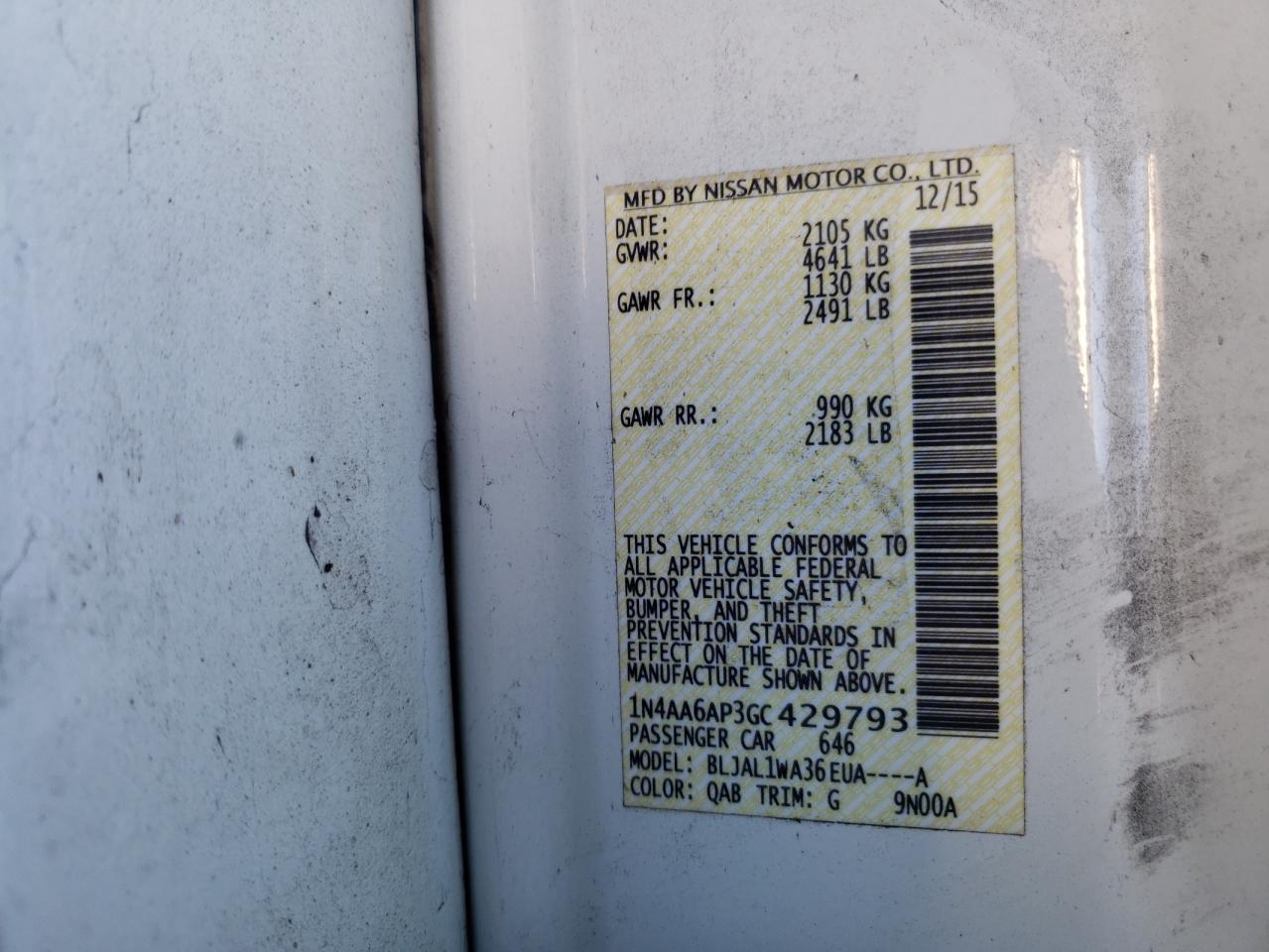 2016 Nissan Maxima VIN 1N4AA6AP3GC429793 Copart auction photo, front end damage thumbnail 12