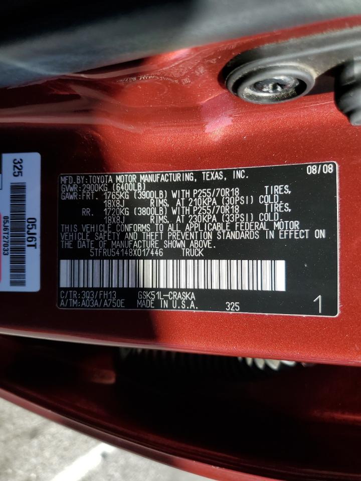 2008 Toyota Tundra VIN 5TFRU54148X017446 Copart auction photo, front end / minor dent/scratches damage thumbnail 12