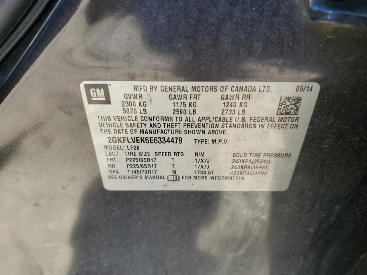 2014 GMC Terrain VIN 2GKFLVEK6E6334478 Copart auction photo, front end / undercarriage damage thumbnail 13