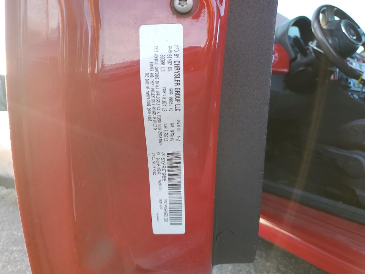 2012 Fiat 500 VIN 3C3CFFBR8CT108999 Copart auction photo, rear end / front end damage thumbnail 12
