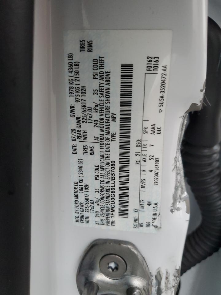 2020 Ford Escape VIN 1FMCU0G60LUB57080 Copart auction photo, side / rear end damage thumbnail 14