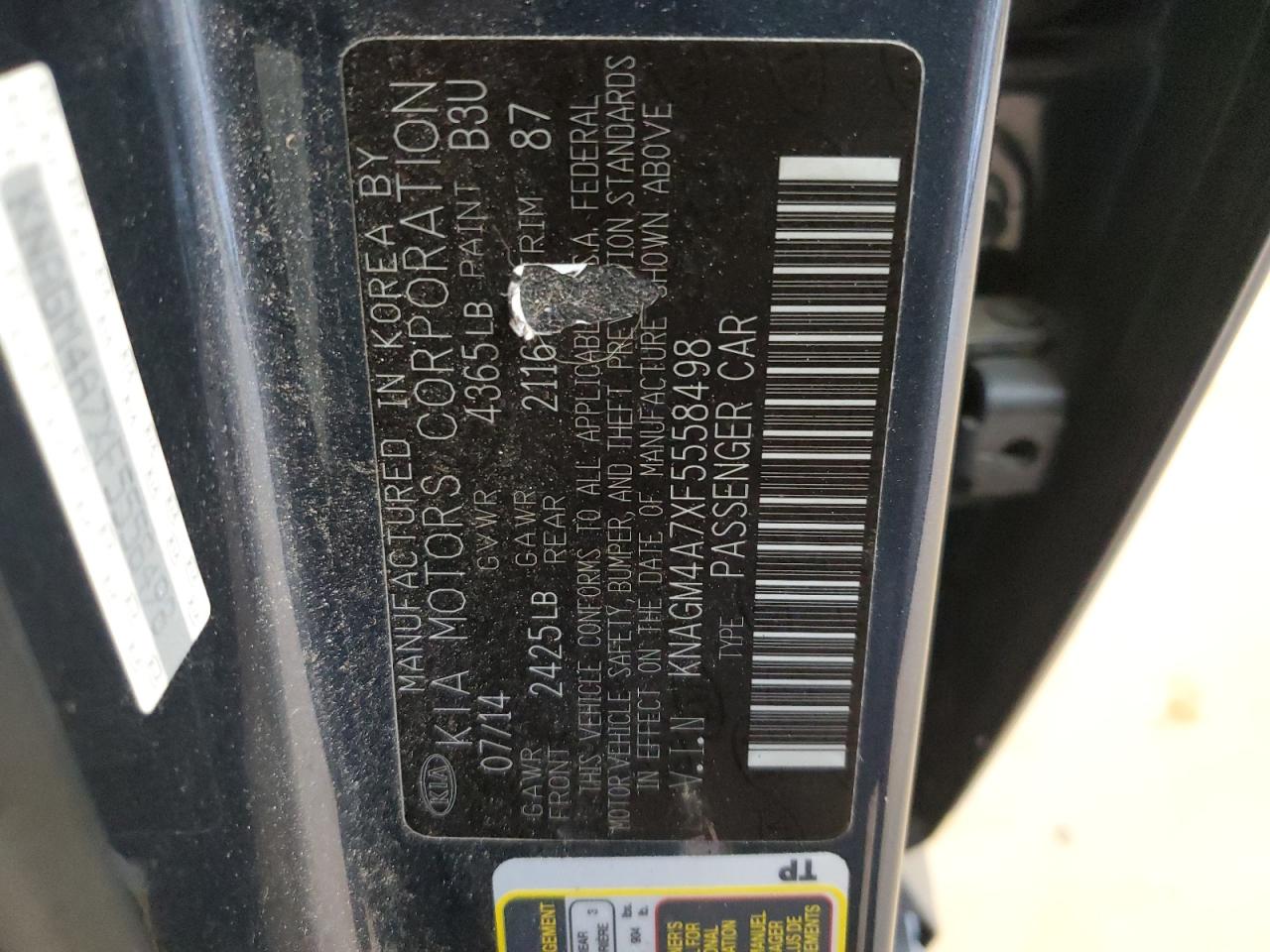 2015 KIA Optima VIN KNAGM4A7XF5558498 Copart auction photo, front end / rear end damage thumbnail 14