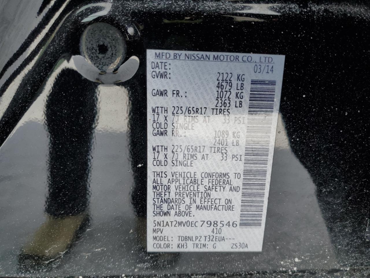 2014 Nissan Rogue VIN 5N1AT2MV0EC798546 Copart auction photo, front end / mechanical damage thumbnail 14