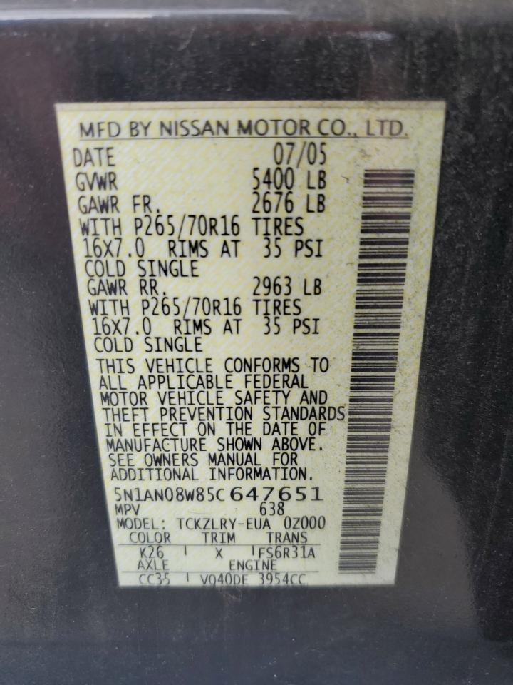 2005 Nissan XTerra VIN 5N1AN08W85C647651 Copart auction photo, rear end / side damage thumbnail 13