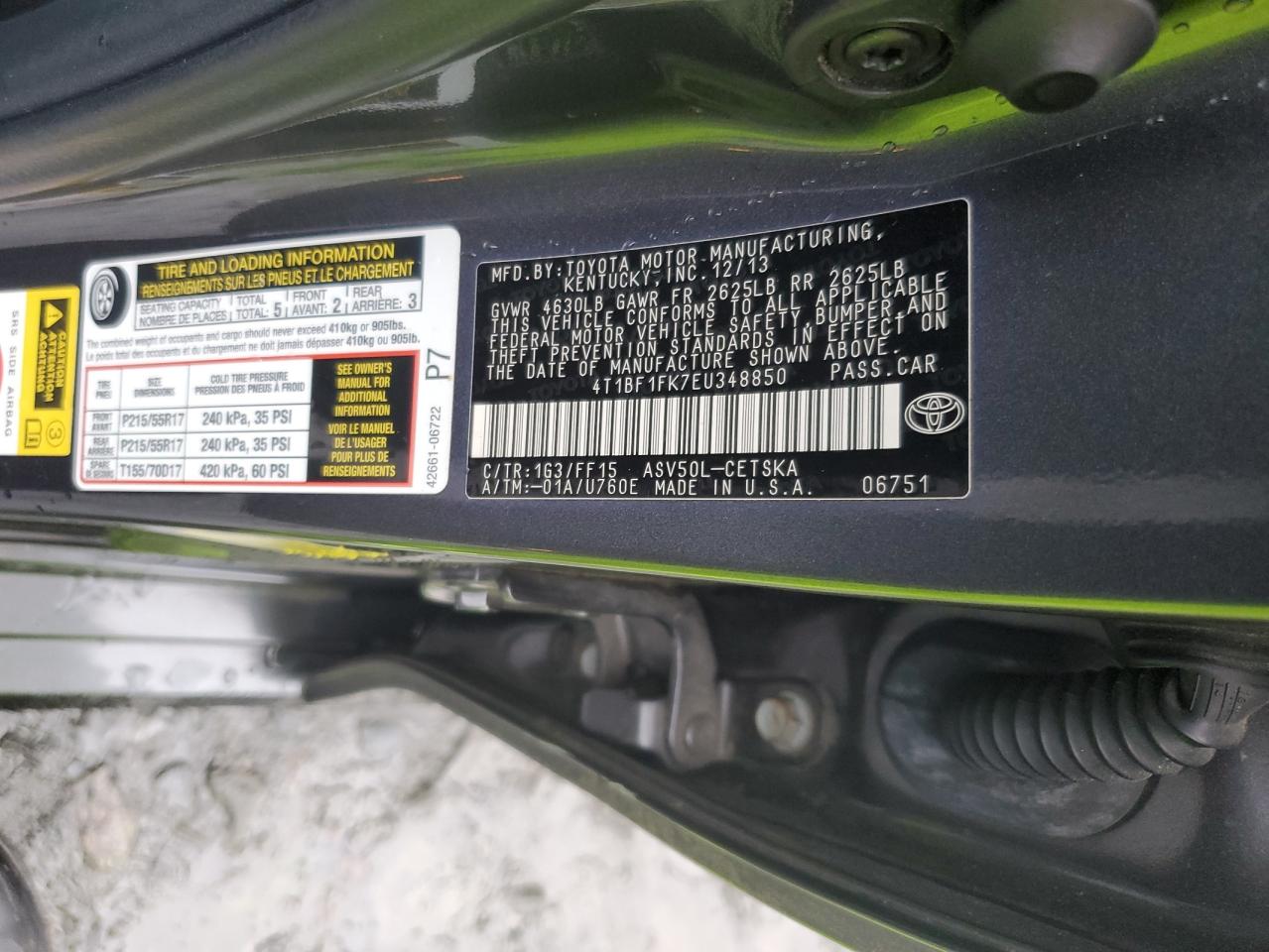 2014 Toyota Camry VIN 4T1BF1FK7EU348850 Copart auction photo, front end / side damage thumbnail 12