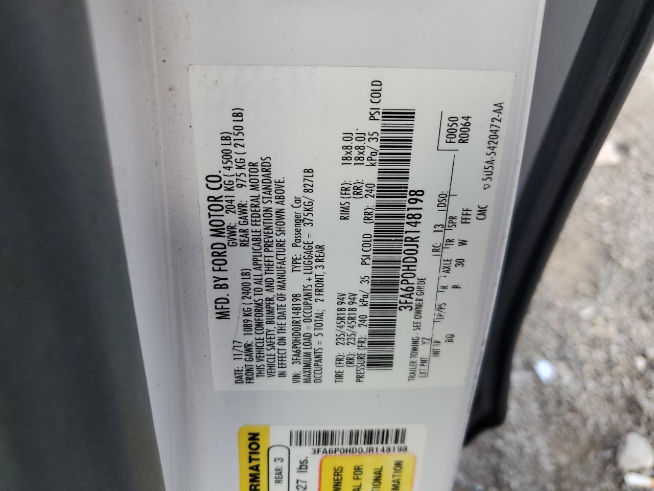 2018 Ford Fusion VIN 3FA6P0HD0JR148198 Copart auction photo, front end / side damage thumbnail 12