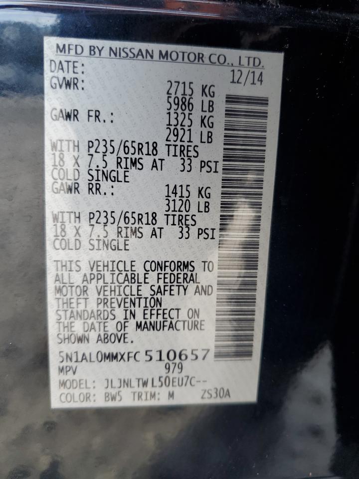 2015 Infiniti QX60 VIN 5N1AL0MMXFC510657 Copart auction photo, mechanical damage thumbnail 14