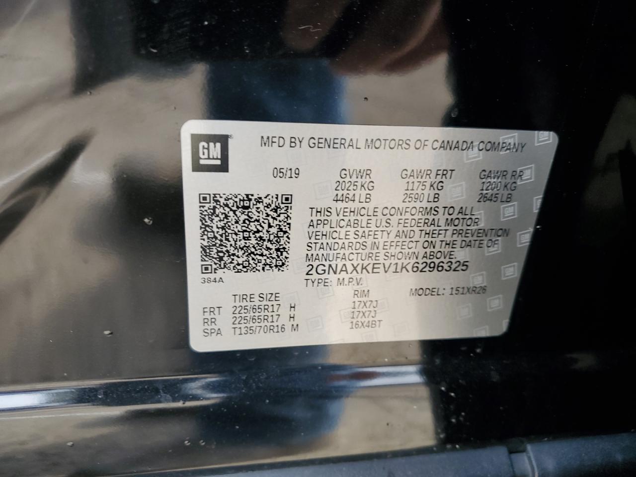 2019 Chevrolet Equinox VIN 2GNAXKEV1K6296325 Copart auction photo, front end damage thumbnail 15