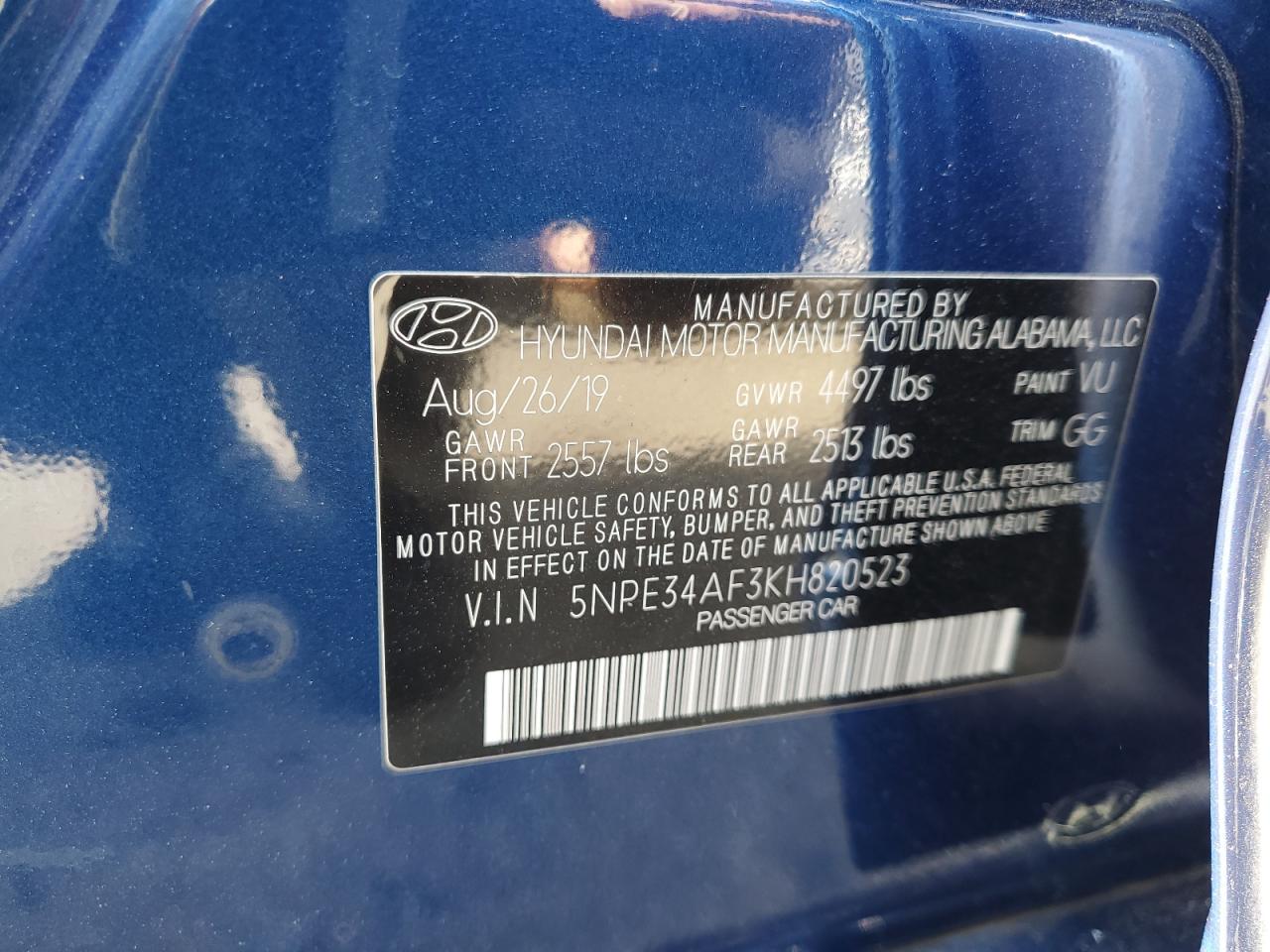 2019 Hyundai Sonata VIN 5NPE34AF3KH820523 Copart auction photo, rear end / front end damage thumbnail 13