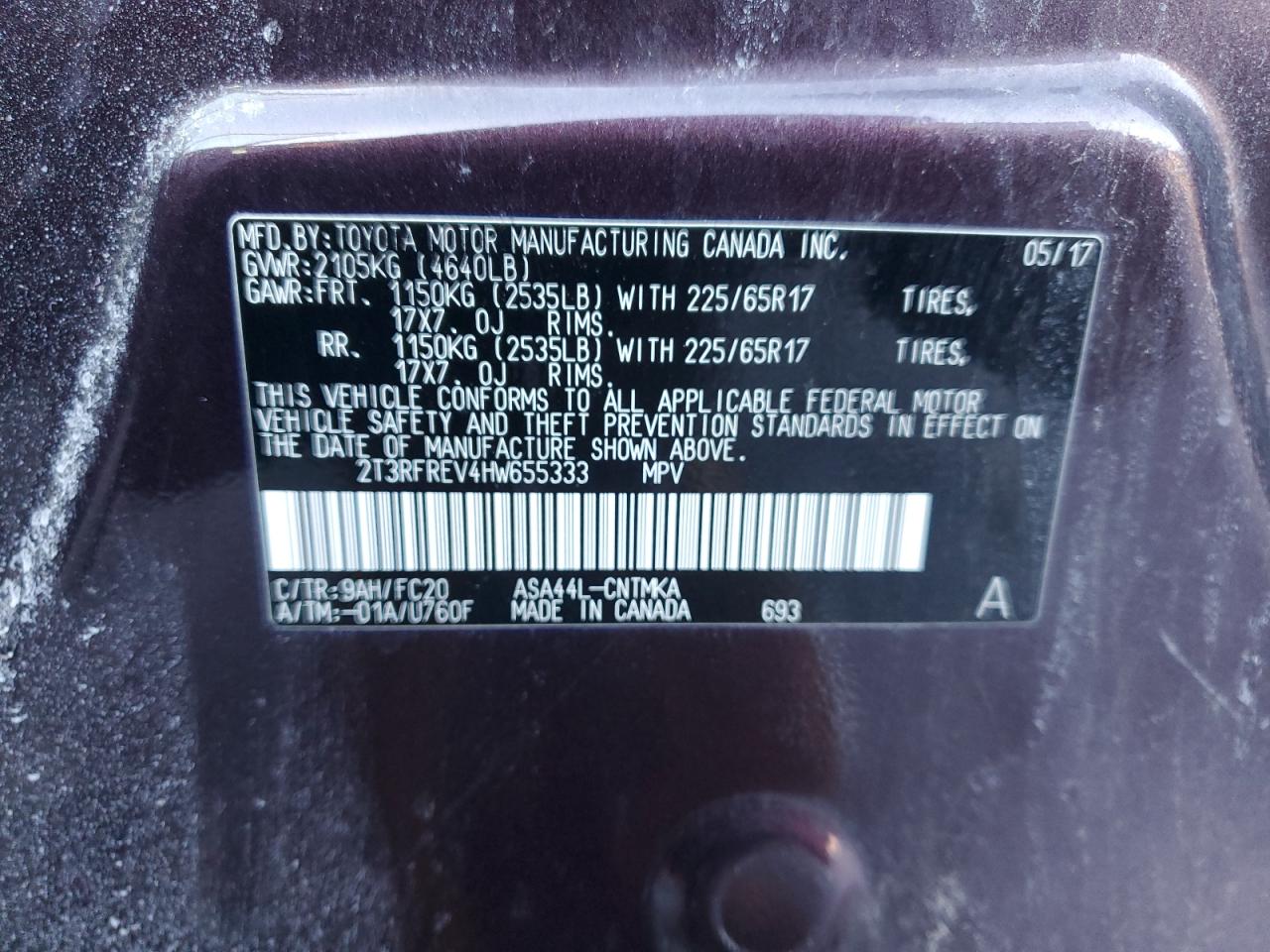 2017 Toyota RAV 4 VIN 2T3RFREV4HW655333 Copart auction photo, side / minor dent/scratches damage thumbnail 13