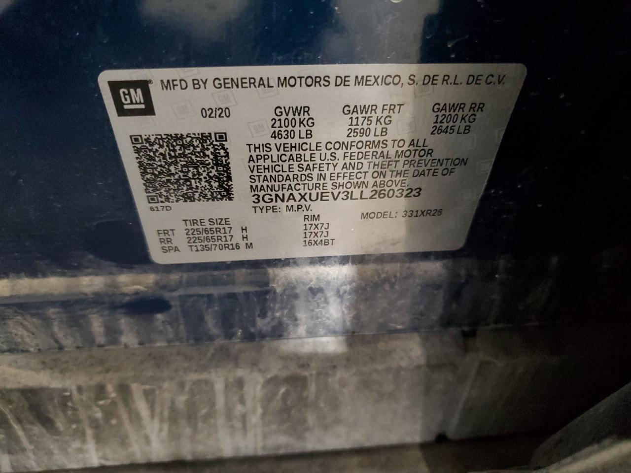2020 Chevrolet Equinox VIN 3GNAXUEV3LL260323 Copart auction photo, front end / mechanical damage thumbnail 15