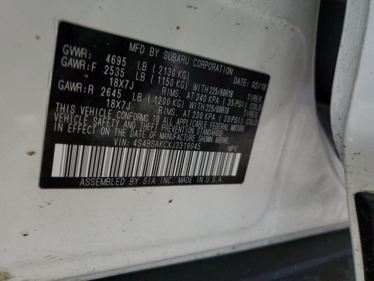 2018 Subaru Outback VIN 4S4BSAKCXJ3319045 Copart auction photo, front end / side damage thumbnail 13