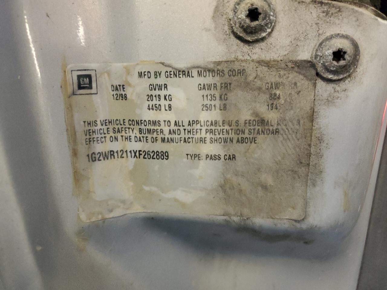 1999 Pontiac Grand Prix VIN 1G2WR1211XF262889 Copart auction photo, side / rear end damage thumbnail 12